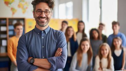 Ein Lehrer steht vorne im Bild und seine Klasse ist hinter ihm zu sehen